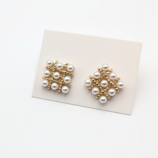 Pearl Square Korean Earrings Elegant Womens Fashion Jewelry in Silver and Golden Colors PJT-106 - Image 4