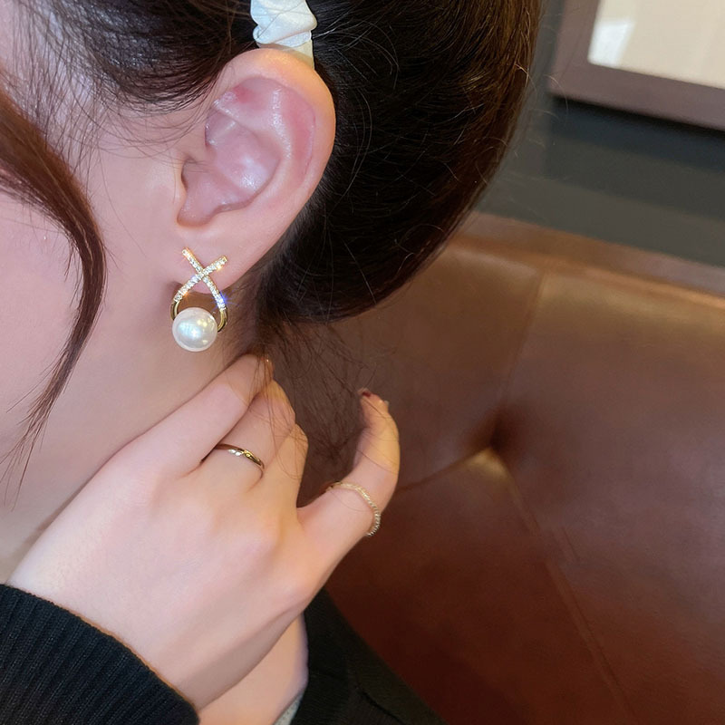 Elegant Golden Cross Pearl Zircon Earings Pearl Stud Earrings Women Personality Fashion Unique Design Earrings | Earrings for Women Fashion | Luxury Look Artificial Earrings | Women Earrings - Image 5