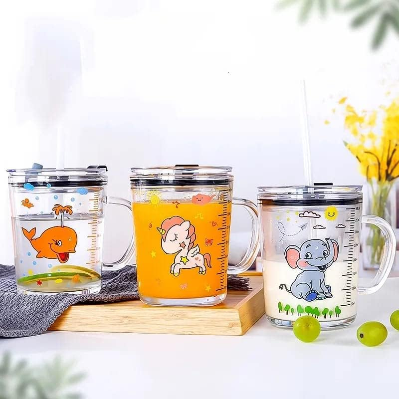 Unicorn Shape 350 ML Glass Mug with Straw and Lid Creative Cartoon Children's Glass Milk Cup Juice Glass Drink Ware Water Bottle 1 pcs (Unicorn Shape ) - Image 4