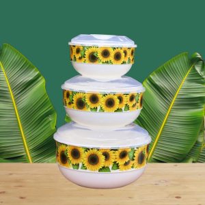 White Sunflower Bowl Set 3 Pcs – Decorative Plastic Mixing, Serving & Storage Bowls for Kitchen & Dining
