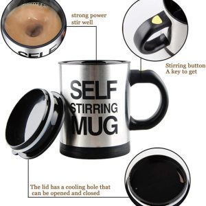 Self Stirring Mug with Black Handle – Stainless Steel Style Design, Durable Plastic Body, Easy Mix Automatic Stirring Cup for Hot & Cold Beverages