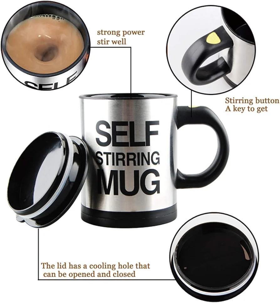 Self Stirring Mug with Black Handle – Stainless Steel Style Design, Durable Plastic Body, Easy Mix Automatic Stirring Cup for Hot & Cold Beverages