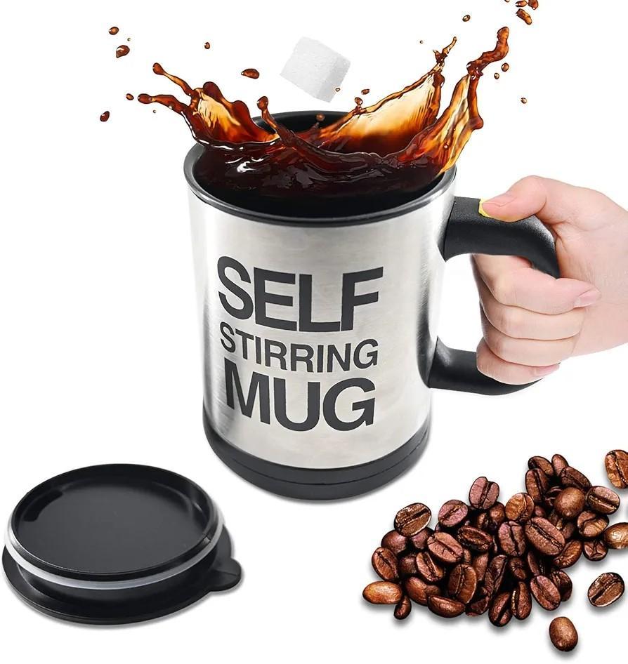 Self Stirring Mug with Black Handle – Stainless Steel Style Design, Durable Plastic Body, Easy Mix Automatic Stirring Cup for Hot & Cold Beverages - Image 2