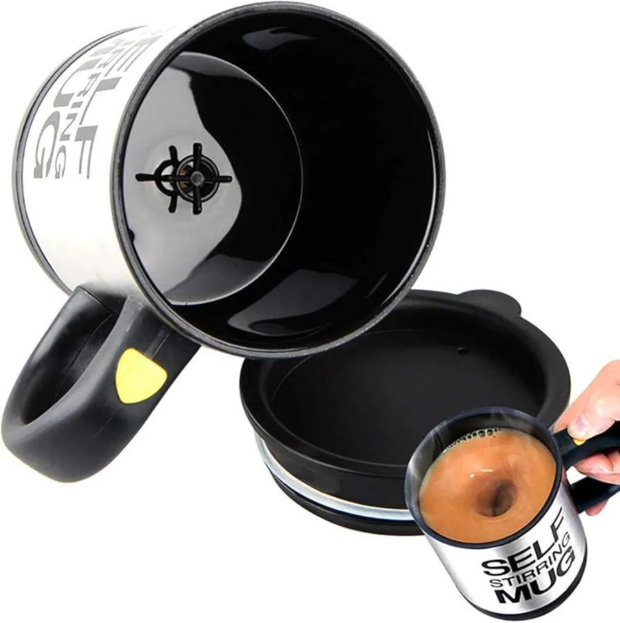Self Stirring Mug with Black Handle – Stainless Steel Style Design, Durable Plastic Body, Easy Mix Automatic Stirring Cup for Hot & Cold Beverages - Image 3
