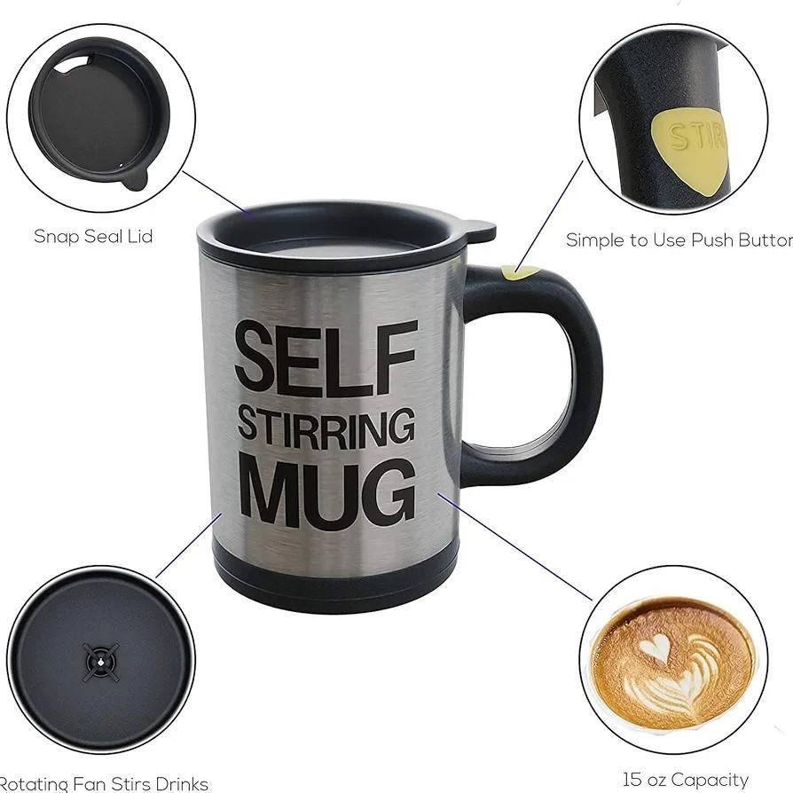 Self Stirring Mug with Black Handle – Stainless Steel Style Design, Durable Plastic Body, Easy Mix Automatic Stirring Cup for Hot & Cold Beverages - Image 4