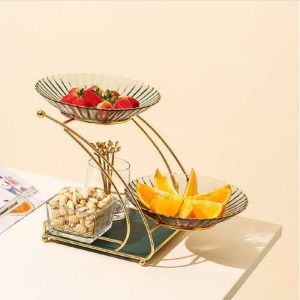 Golden 3-Tier Fruit Serving Stand with Glass Bowls – Elegant Iron Bowl Set for Fruits, Snacks, Desserts & Party Serving