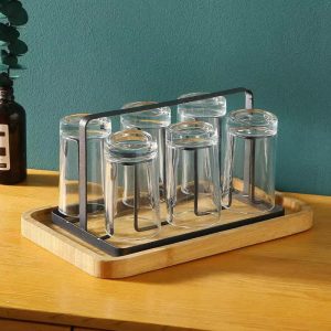 Black Metal Glass Holder Rack | Countertop Drinking Glass Organizer for Kitchen & Dining