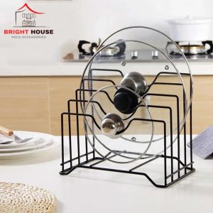 Black Metal Lid Holder Stand – Kitchen Pot Lid & Cutting Board Organizer Rack