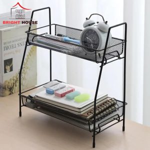 Two Tier Metal Storage Rack – Kitchen Bathroom Office Organizer Shelf | Foldable Durable Mesh Spice Rack (Set of 2)