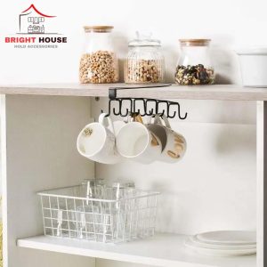 Black Metal Under Shelf Mug Hanger – Space Saving Kitchen & Bathroom Organizer (No Drilling)