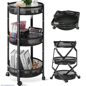 3-Tier Rotating Kitchen Storage Rack with Wheels | Black Metal Rolling Organizer Basket