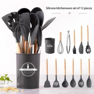 12-Piece Silicone Kitchen Utensil Set with Wooden Handles – Non-Stick Cooking Tools, Whisk, Ladle, Brush & Spoon Set
