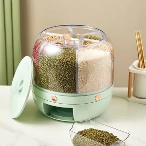 360° Rotating Rice & Grain Storage Dispenser – 7L Multi-Grid Kitchen Organizer for Rice, Beans & Cereals
