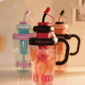 Ice Cream Water Bottle with Handle & Straw – Leakproof ABS Plastic Drinking Bottle for School, Office, Gym & Travel