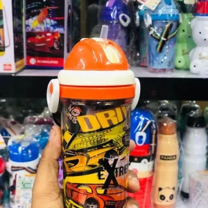 Kids Cartoon Racing Car Water Bottle with Straw – Portable Leakproof Drinking Bottle for School & Travel – Orange