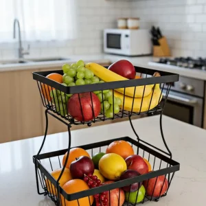 2-Tier Black Stainless Steel Fruit Basket Organizer for Kitchen Countertop | Detachable Storage Rack
