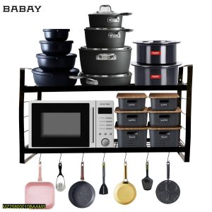 Wall Mounted Black Metal Kitchen Organizer – Two-Tier Heavy Duty Multipurpose Storage Rack with Hooks