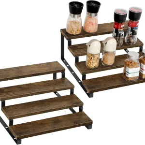 4-Layer Wooden Spice Rack with Black Metal Support | Kitchen Countertop Organizer Shelf