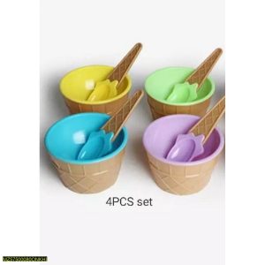 Ice Cream Bowl Set 4 Pcs Colorful Plastic Kids Serving Bowls with Spoon Set Cone Design