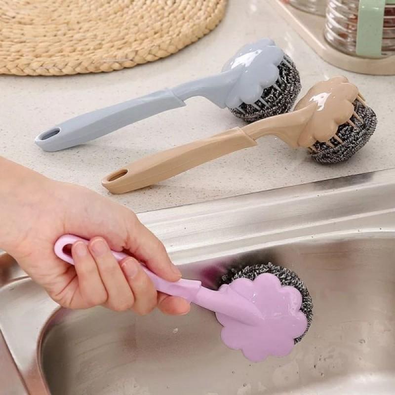 Stainless Steel Flower-Shaped Ball Brush Sponge with Long Handle for Kitchen & Bathroom Cleaning