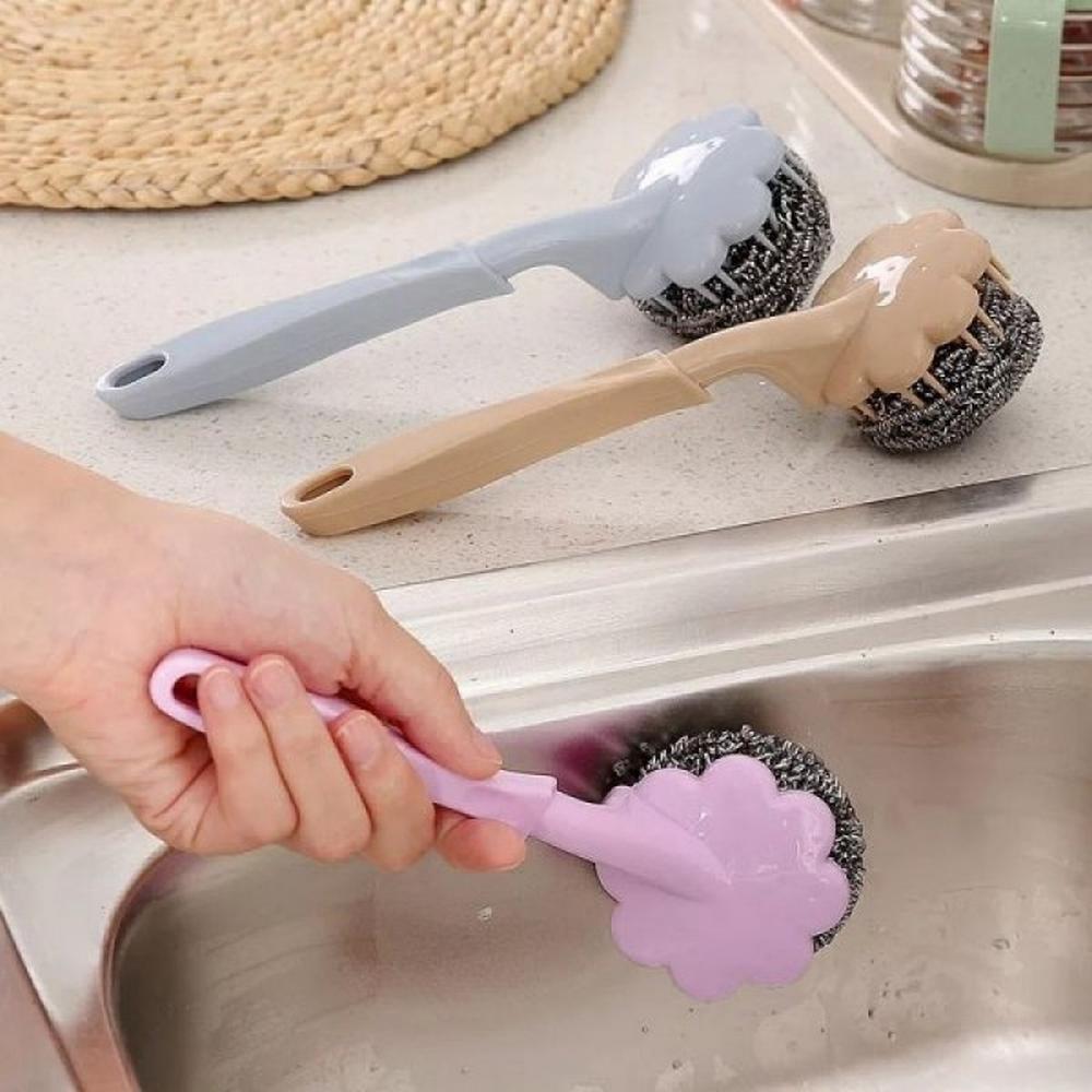 Stainless Steel Flower-Shaped Ball Brush Sponge with Long Handle for Kitchen & Bathroom Cleaning - Image 2