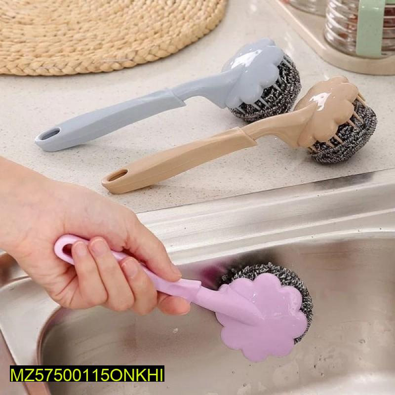 Stainless Steel Flower-Shaped Ball Brush Sponge with Long Handle for Kitchen & Bathroom Cleaning - Image 3