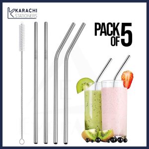 Stainless Steel Reusable Drinking Straws Set with Cleaning Brush – 5 Pcs BPA-Free Metal Straws