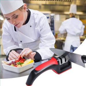 3-in-1 Stainless Steel Knife Sharpener – Professional Multi-Stage Kitchen Blade Sharpening Tool | Black & Red