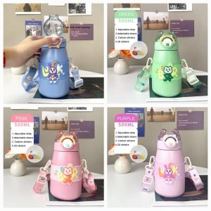 Kids Vacuum Insulated Water Bottle 500ml with Straw & Adjustable Shoulder Strap – Leakproof Cartoon Drinking Bottle for School & Travel
