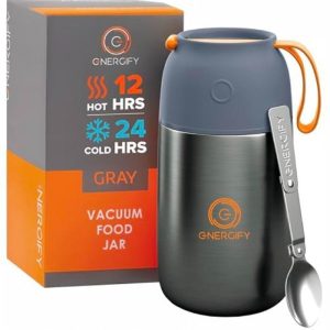 Stainless Steel Vacuum Food Jar 600ml with Spoon – Insulated Thermal Lunch Container for Hot & Cold Food – Gray