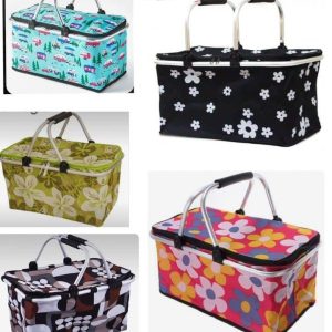 Folding Picnic Cooler Basket with Handle & Insulated Lining – Aluminum Frame Multicolor Portable Food Storage Bag