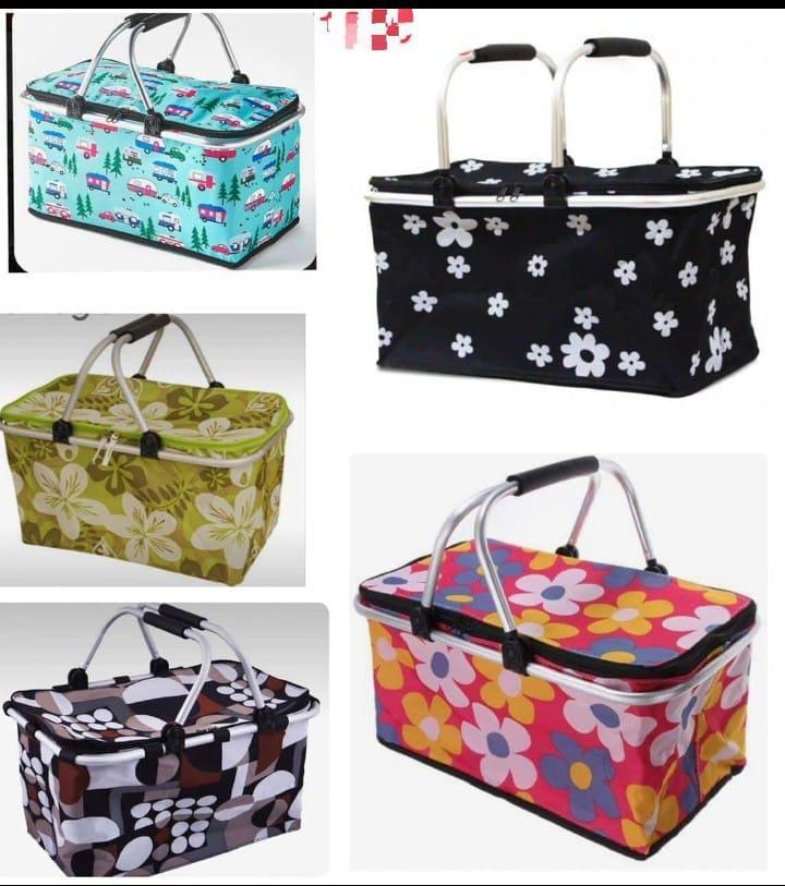 Folding Picnic Cooler Basket with Handle & Insulated Lining – Aluminum Frame Multicolor Portable Food Storage Bag