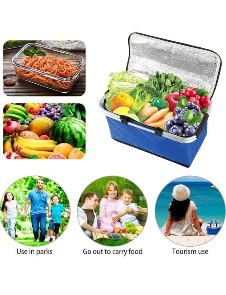 Folding Picnic Cooler Basket with Handle & Insulated Lining – Aluminum Frame Multicolor Portable Food Storage Bag - Image 2