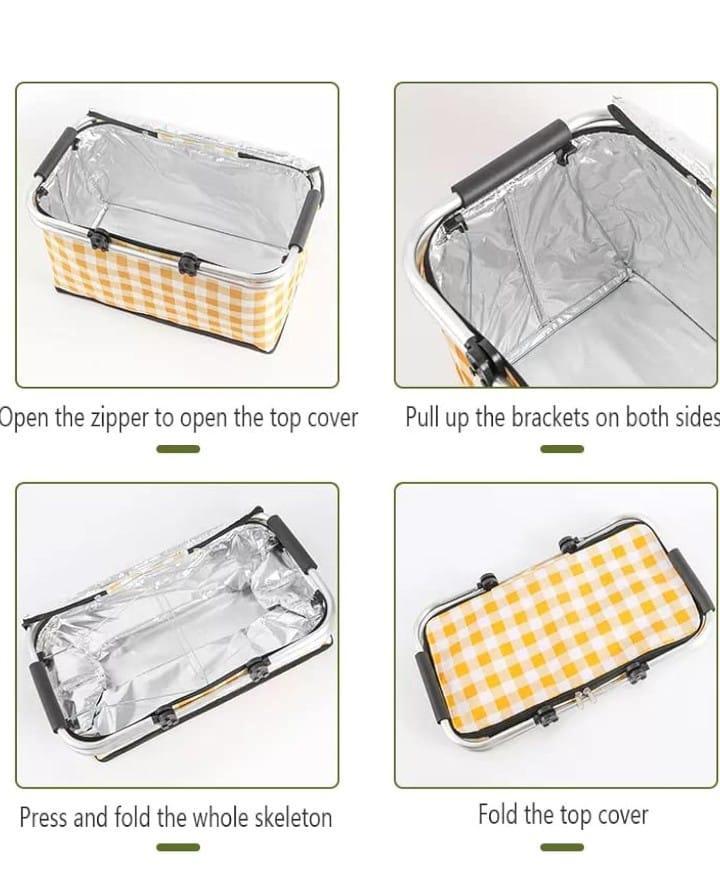 Folding Picnic Cooler Basket with Handle & Insulated Lining – Aluminum Frame Multicolor Portable Food Storage Bag - Image 5