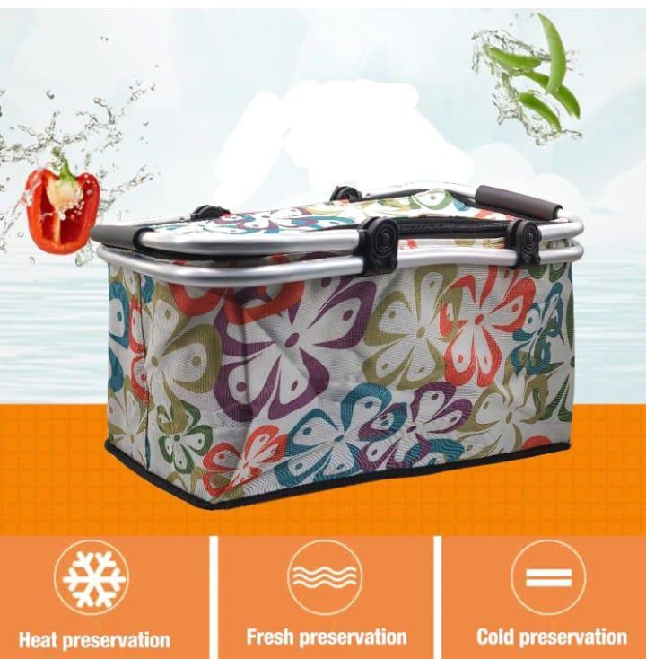 Folding Picnic Cooler Basket with Handle & Insulated Lining – Aluminum Frame Multicolor Portable Food Storage Bag - Image 6