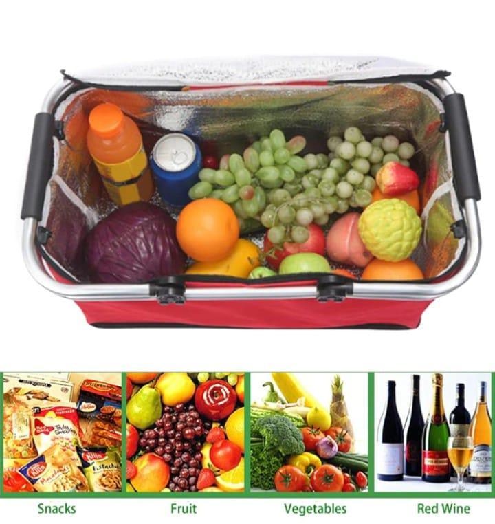 Folding Picnic Cooler Basket with Handle & Insulated Lining – Aluminum Frame Multicolor Portable Food Storage Bag - Image 7
