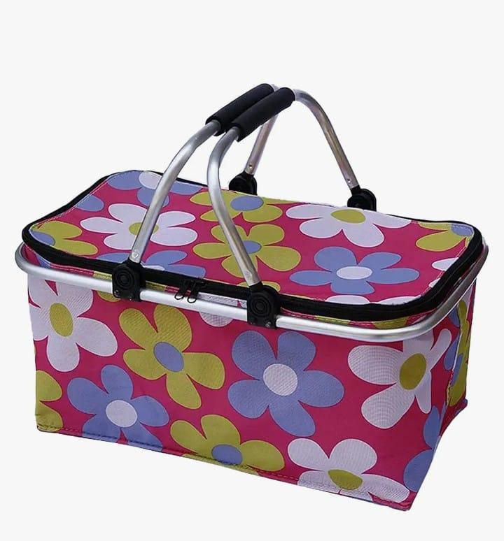 Folding Picnic Cooler Basket with Handle & Insulated Lining – Aluminum Frame Multicolor Portable Food Storage Bag - Image 8