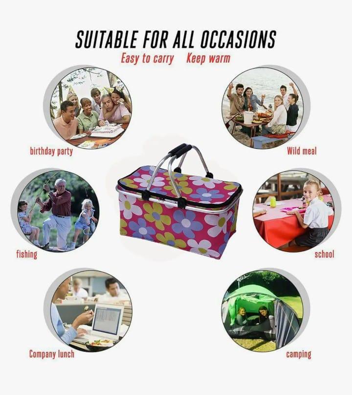 Folding Picnic Cooler Basket with Handle & Insulated Lining – Aluminum Frame Multicolor Portable Food Storage Bag - Image 9