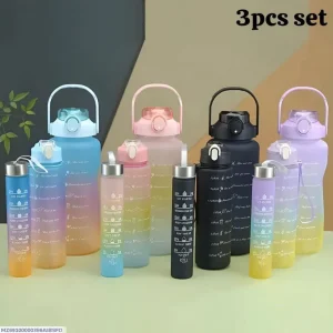 3-Piece Gradient Water Bottle Set – 300ml, 900ml & 2000ml Motivational Gym Water Bottles with Time Marker – Leakproof Sports Bottles