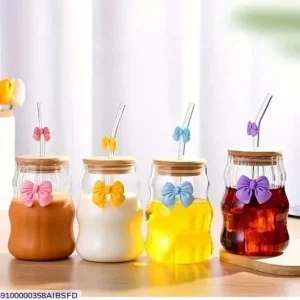Cute Glass Travel Mug with Bow Straw & Bamboo Lid – Reusable Glass Drinking Cup for Coffee, Juice & Cold Beverages