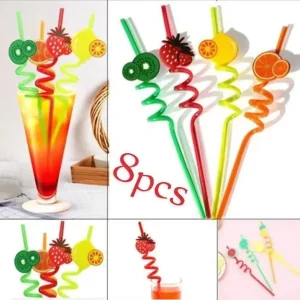 8pcs Fruit Shaped Curly Straws – Multicolor ABS Plastic Party Drink Straws Set