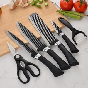 6-Piece Stainless Steel Chef Knife Set Black – Professional Kitchen Knife Set with Peeler & Scissors