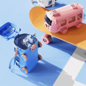 Kids Bus Shape Water Bottle with Straw & Carrying Strap – Leakproof Cartoon School Water Bottle for Boys & Girls – Blue & Pink