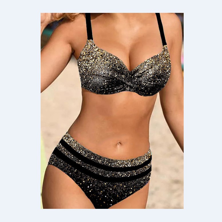 Black Sparkly Star Print Split Bikini Set - Image 2