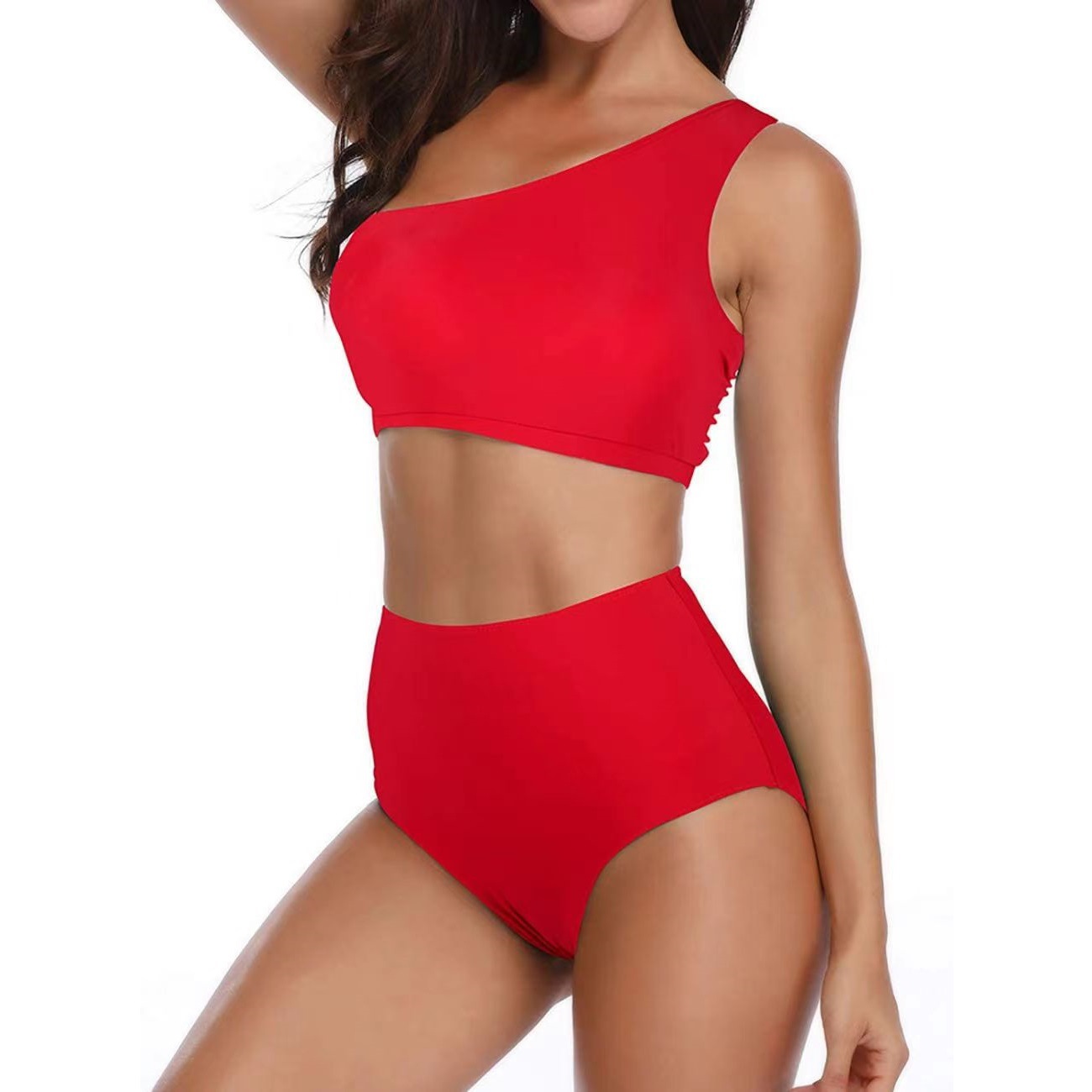 Red One Shoulder High Waist Swim Suit for Women