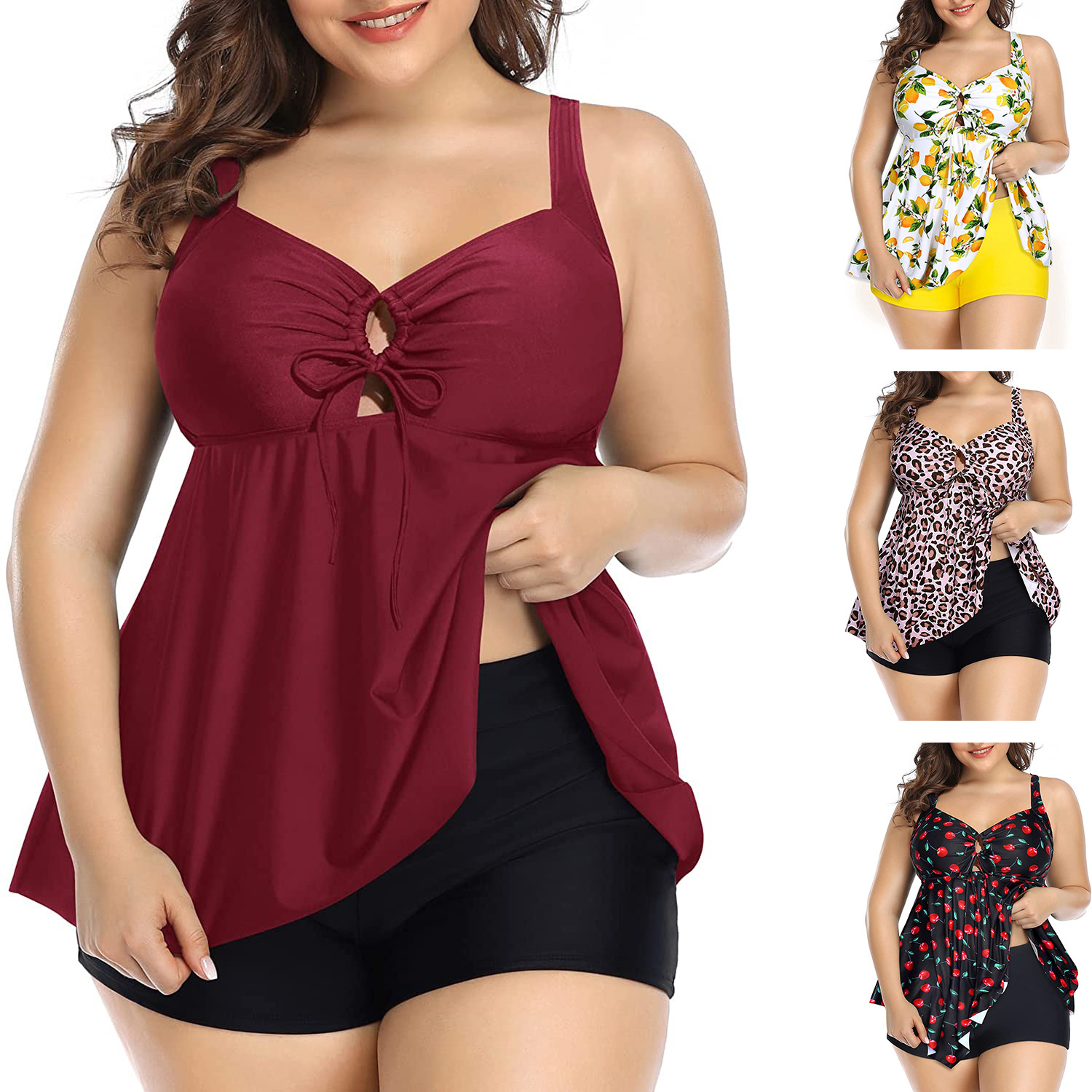 Plus Size Belly Contracting Swimsuit – Wine Red - Image 2