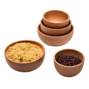 Japanese Wooden Bowl Set – Premium Beech Wood Serving Bowls for Kids & Adults | Retro Style Dining Bowl