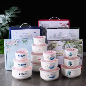 Premium Ceramic Bowls Set with Sealed Lids – Decorative Food Storage & Serving Bowls Gift Set