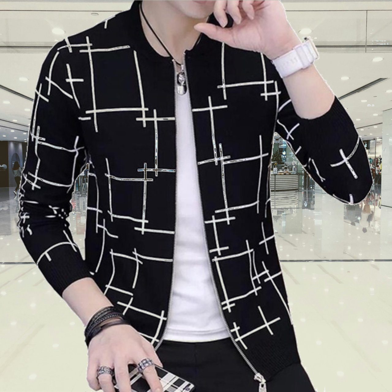 Fashionable & Premium Quality - Stay Stylish with a Black Lining Printed Zipper Jacket, Featuring Trendy Design and Wash and Wear - Image 2