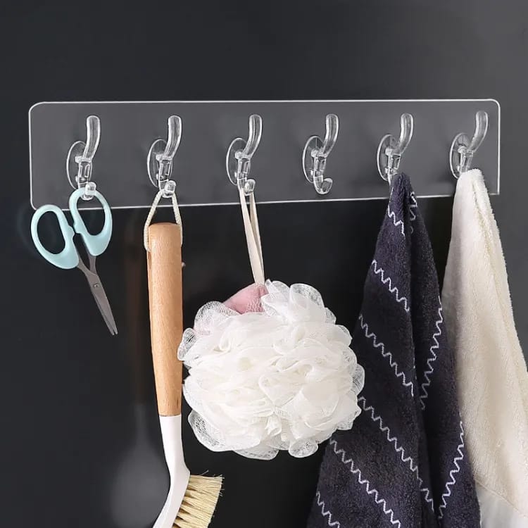 6 Row Transparent Self-Adhesive Wall Hooks – Multi-Purpose Clothes, Coats, Towels, Keys, Kitchen & Bathroom Storage Rack - Image 3